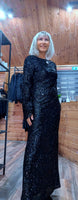 Juno Black Sequin Dress – Scoop Back with Pagoda Sleeves
