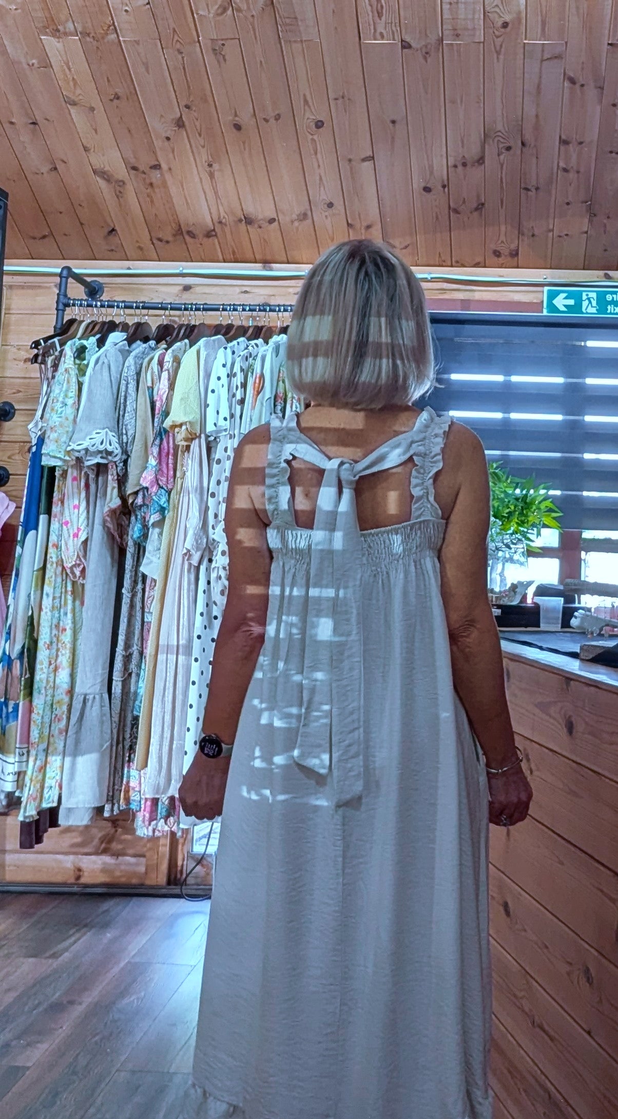 Rear view Nadia Frill Strap Cotton Maxi Dress with tie straps at the back