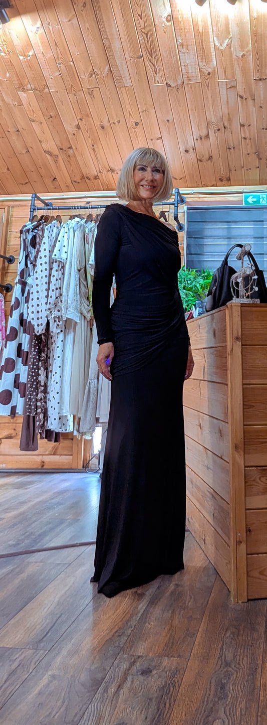 Ditsydi wearing the Tilda black off-shoulder long-sleeve ruched maxi dress in the DitsyDi boutique.