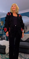 Mallory Chunky Cardigan – Black with Red 3D Flowers & Bows