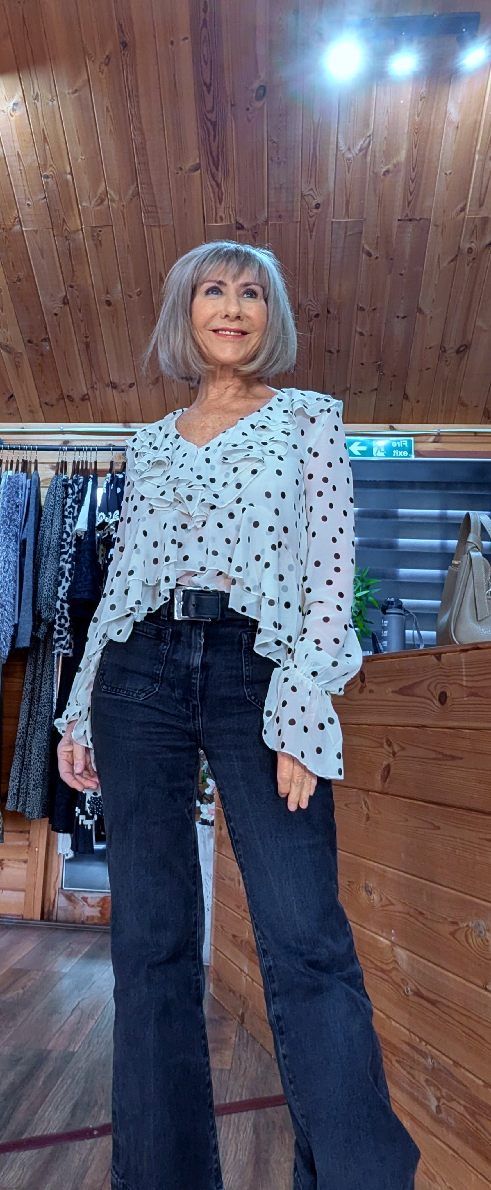 River Statement Frilled Blouse - Ivory with Black Polka Dots