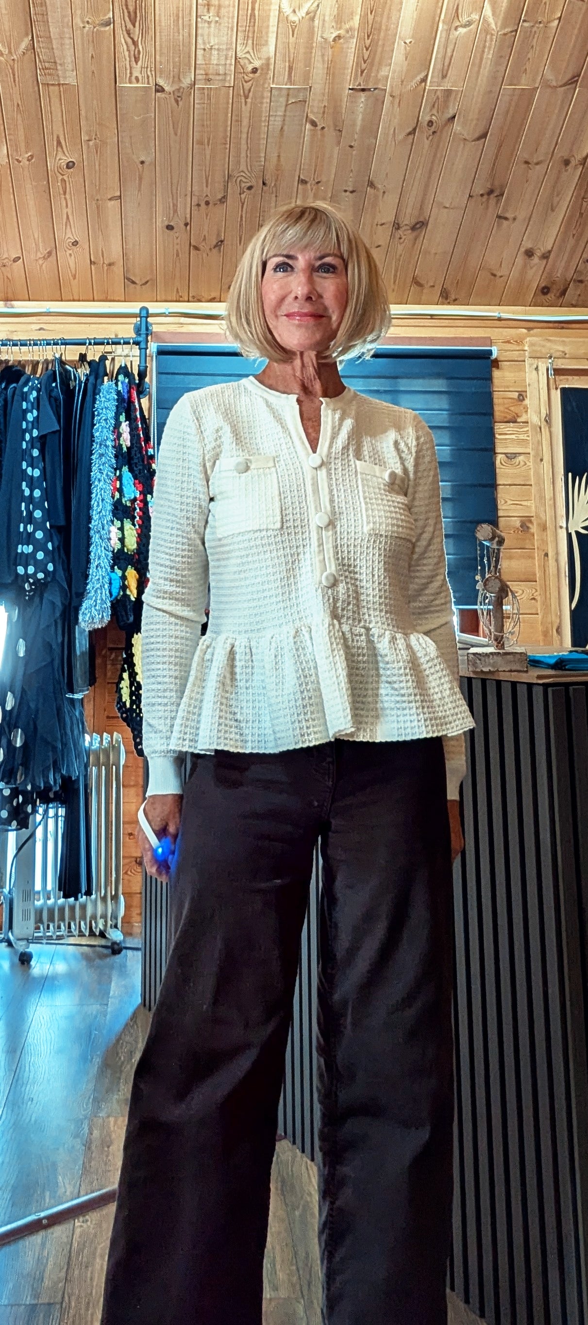 Tamara ivory textured knit styled with wide leg jeans