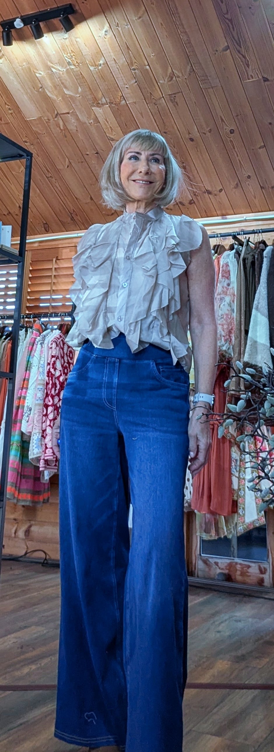 Margot Ruffle Blouse  Petite – Sleeveless Button-Up Ecru