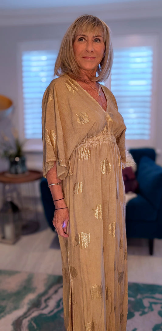 Joss Bohemian Gold Maxi Dress with Tassel Ties