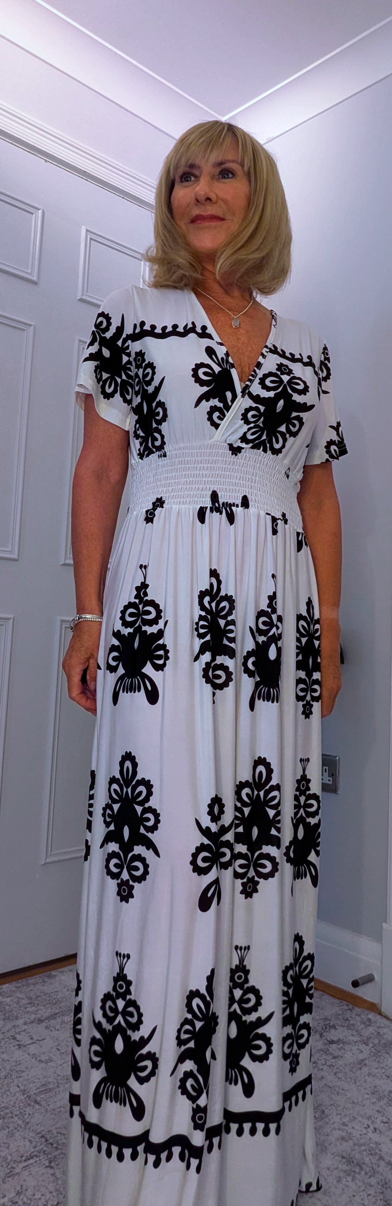 Elissa Dress Soft Jersey in  Bold Print With Shirred Waist White