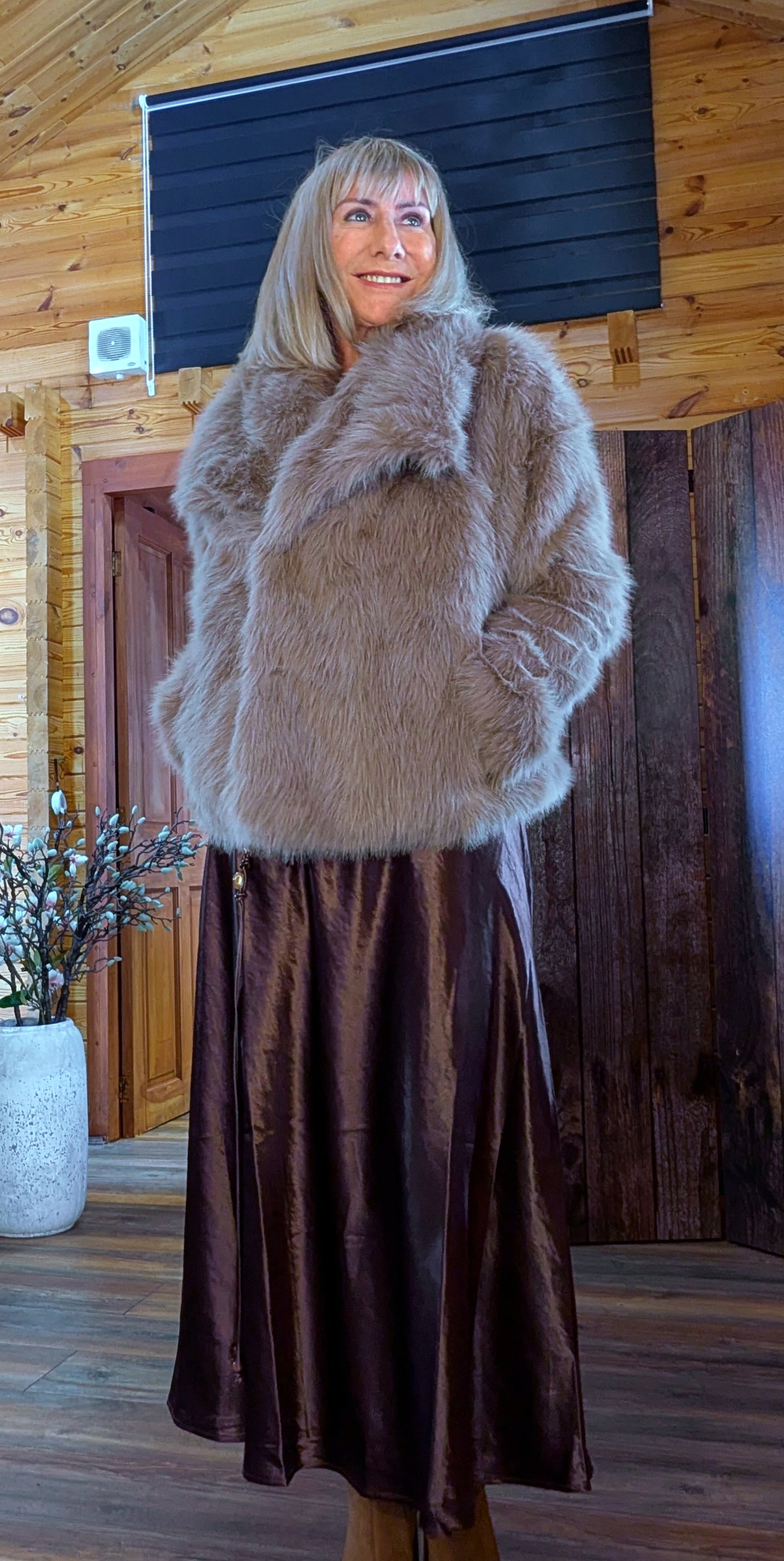 Guinevere Faux Fur Jacket – Double Breasted in Taupe 