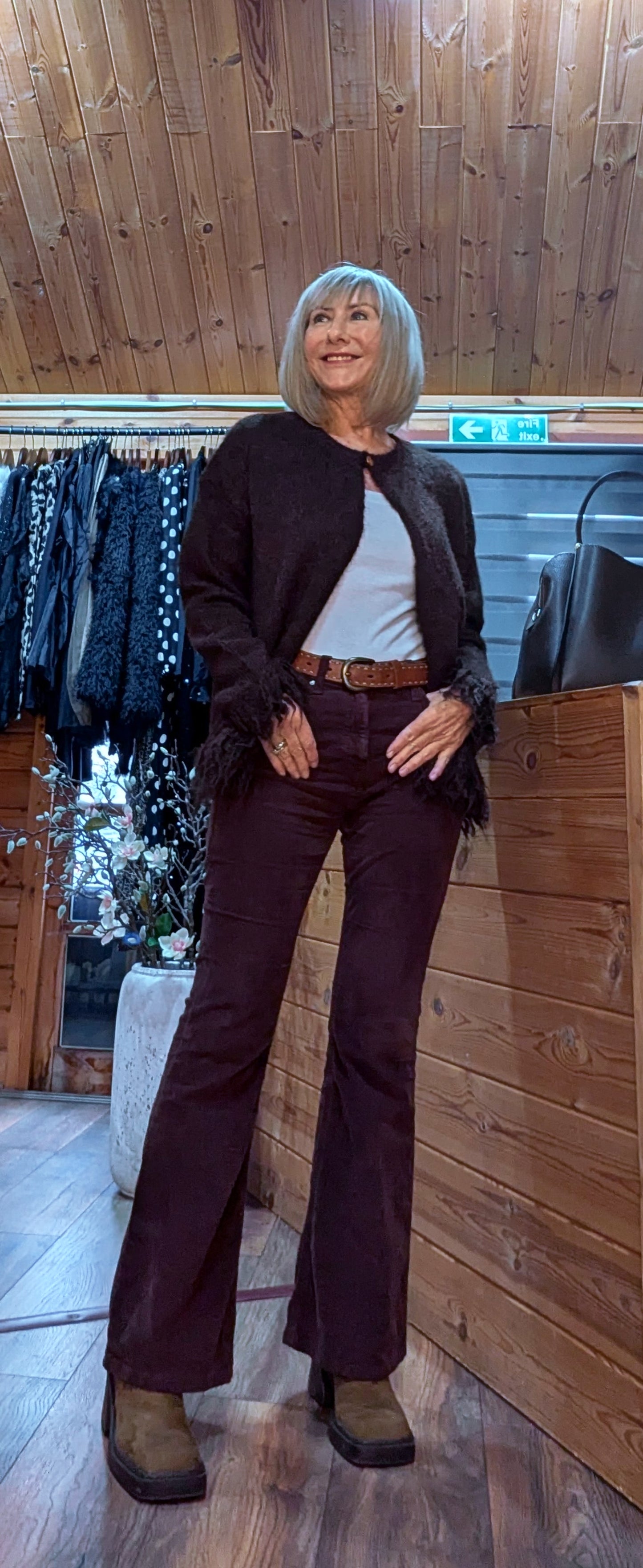 Philomena Chocolate Fringe Cuff Cardigan Gold Neck Button
