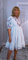 Bo Smocked Linen Cotton Dress – White with Pink & Blue Embroidery