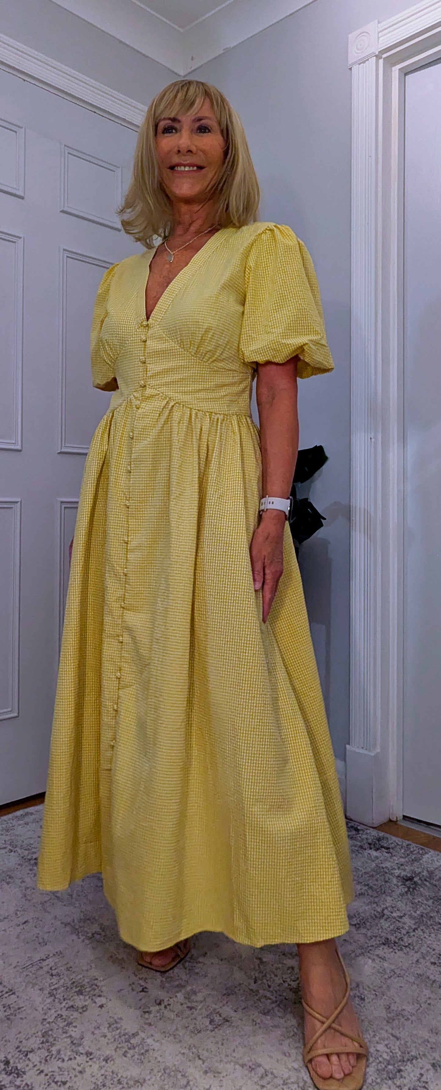 Bethany Yellow Gingham Midi Dress – Vintage Puff Sleeve Style