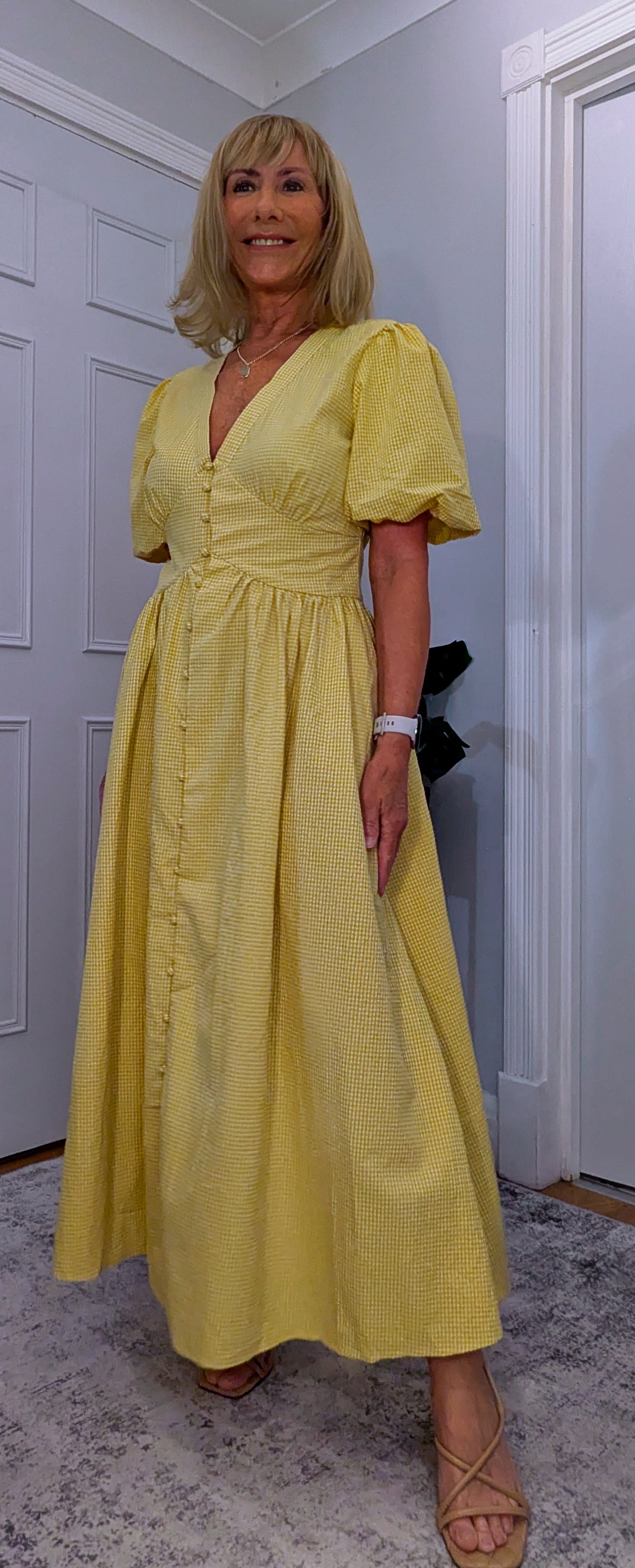 Bethany Yellow Gingham Midi Dress – Vintage Puff Sleeve Style