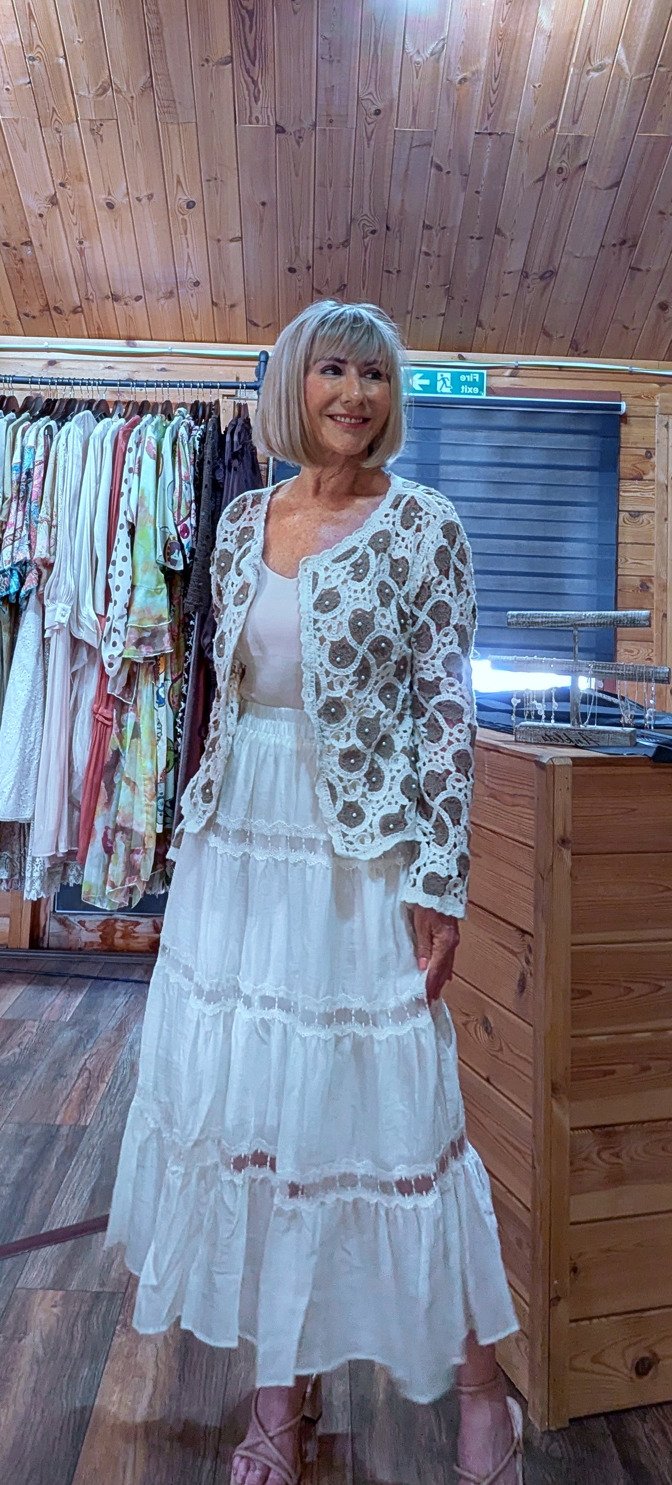 UK Fashion outit with crochet cardigan and ivory bohemian skirt
