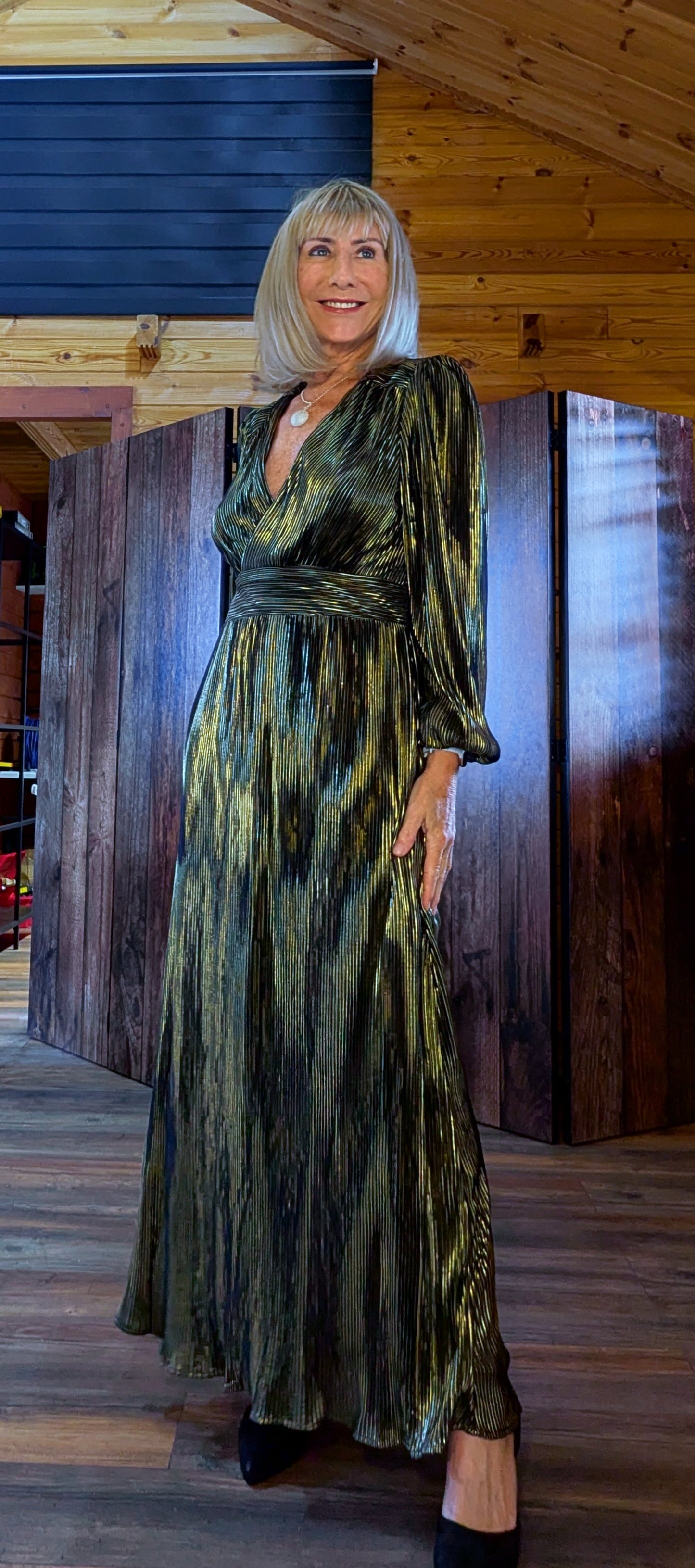 Donatella Gold and  Black Dress – Tailored Fit with Wrap Bust