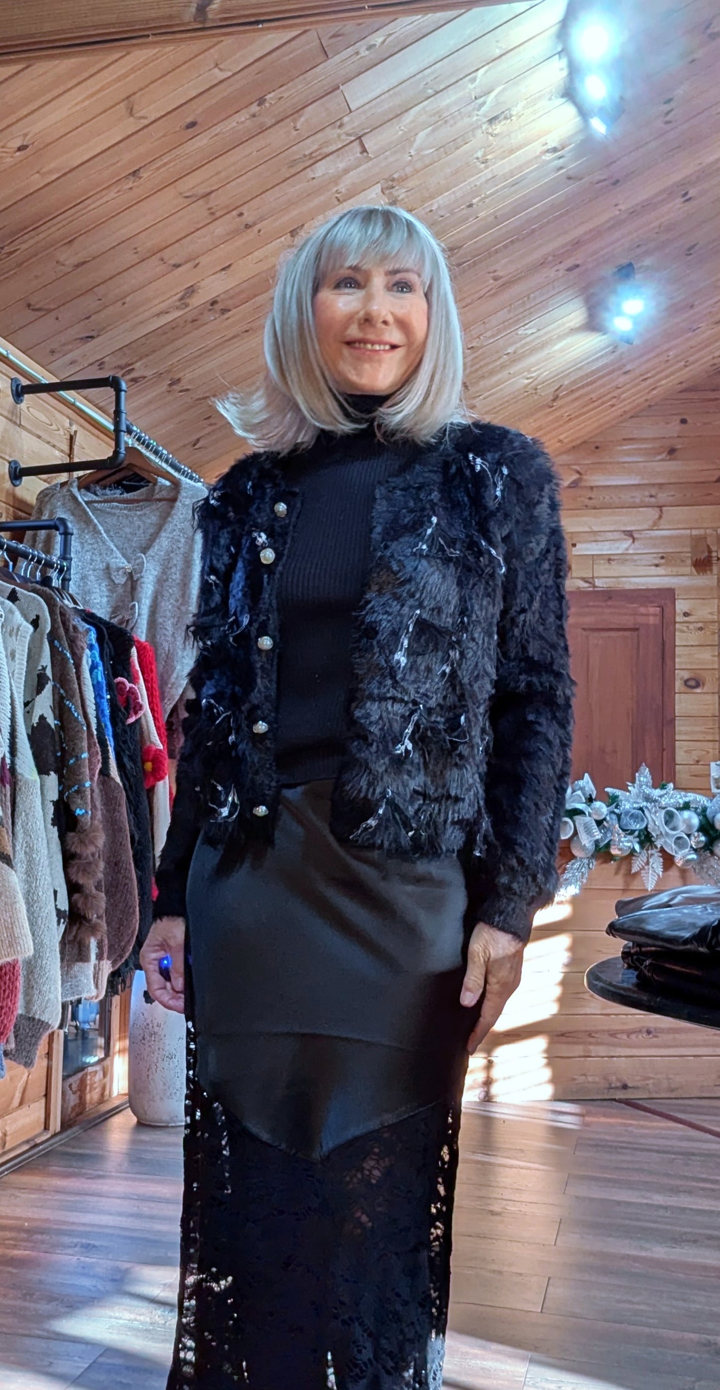Shylo Black Faux Fur Look Evening Cardigan – Pearl Sparkle Button