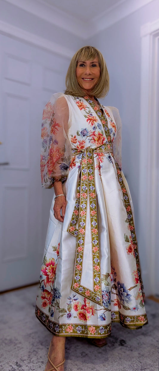 Millicent Wrap Kimono Midi Dress in Pink Floral and organza sleeves