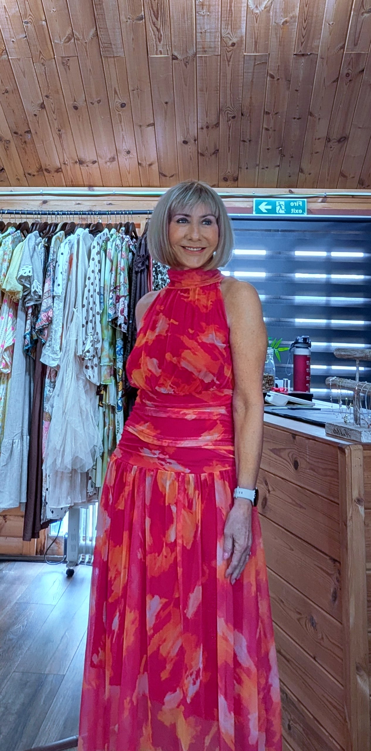 Close up of Natasha drop waist dress in red