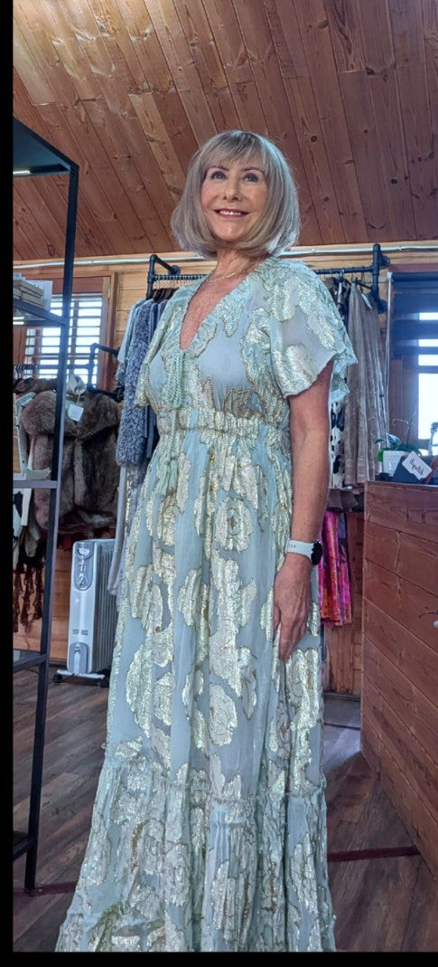  Embossed Bohemian Maxi Dress Sage Green with tassels