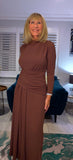 Rusty Ruched Dress – Autumnal Rust with Drop Waist & Slash Neck