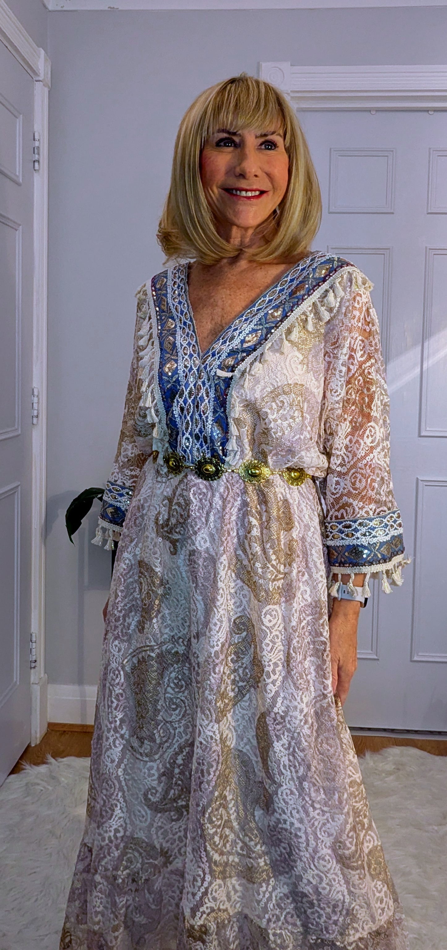 Lucy  Lace Bohemian Maxi Dress in Soft Beige with Navy Embroidery