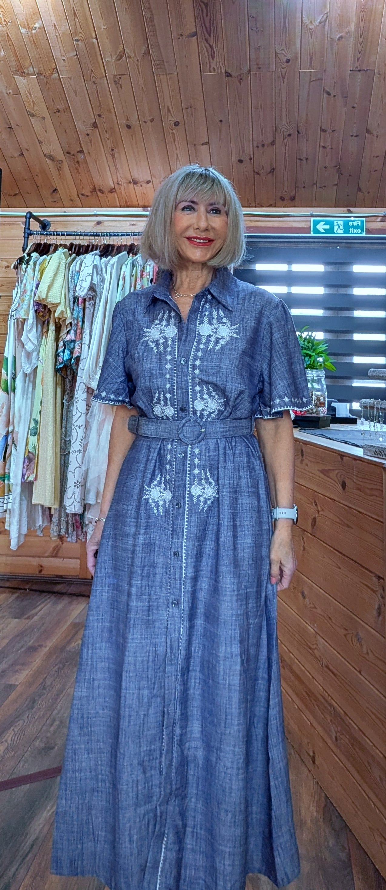 Blue cotton shirt dress with white embroidery