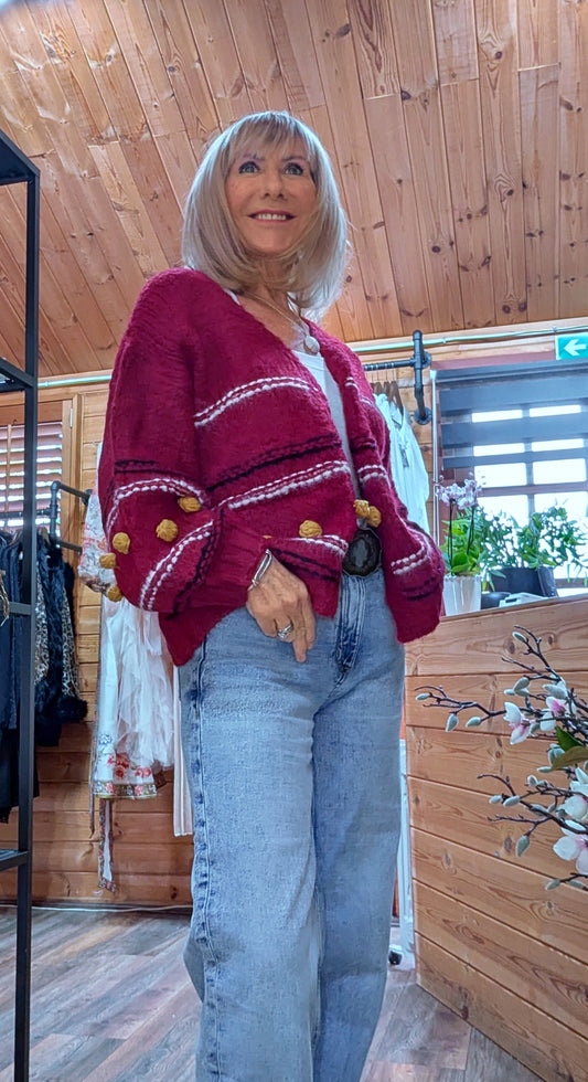 Pansy Chunky Cardigan – Deep Red with Balloon Sleeves- Mustard Bobbles