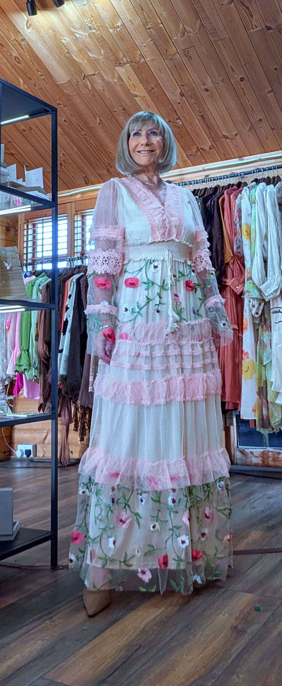 Stella Lace Bohemian Dress With Sheer Long Sleeves and Embroidery