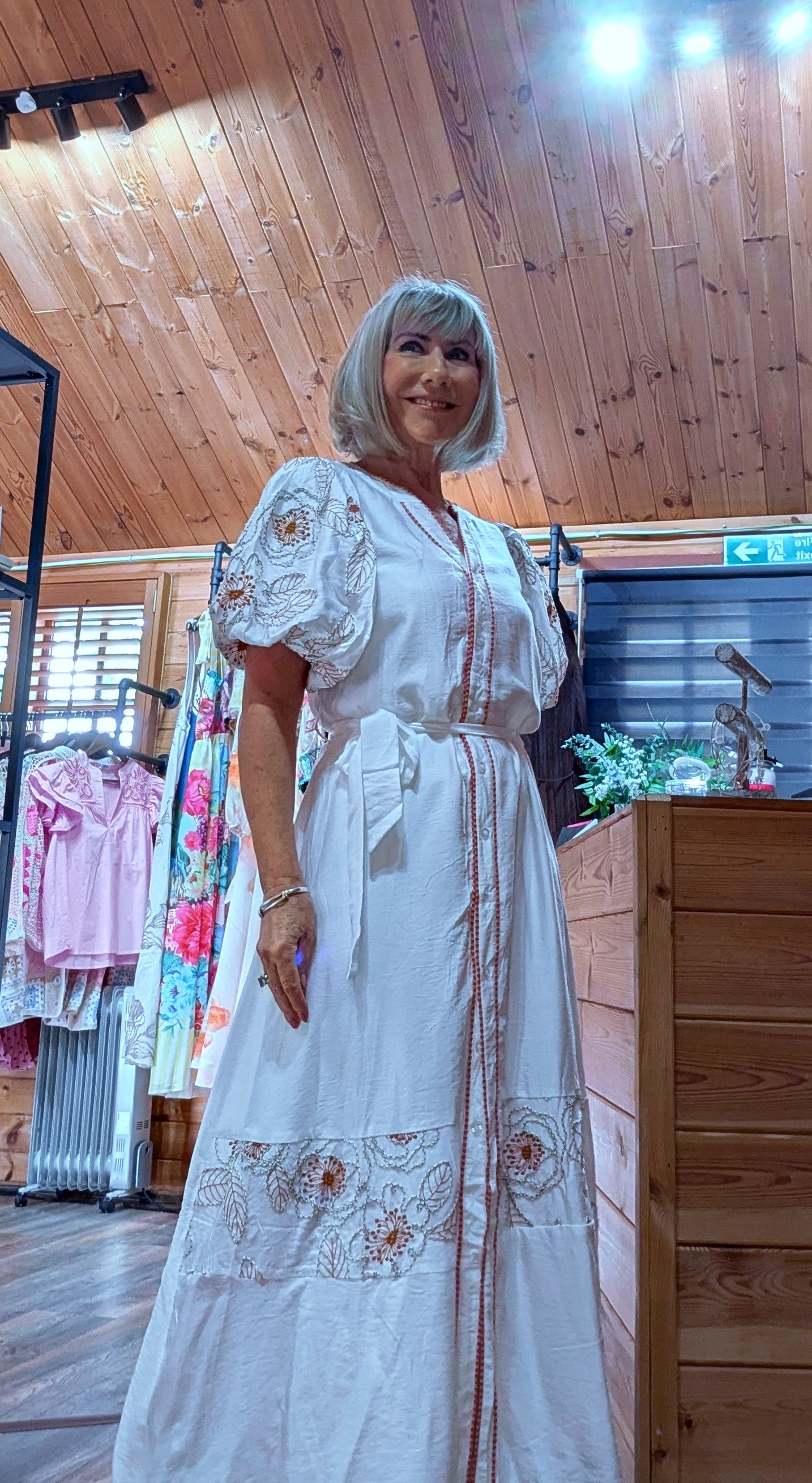White embroidered maxi dress with waist tie