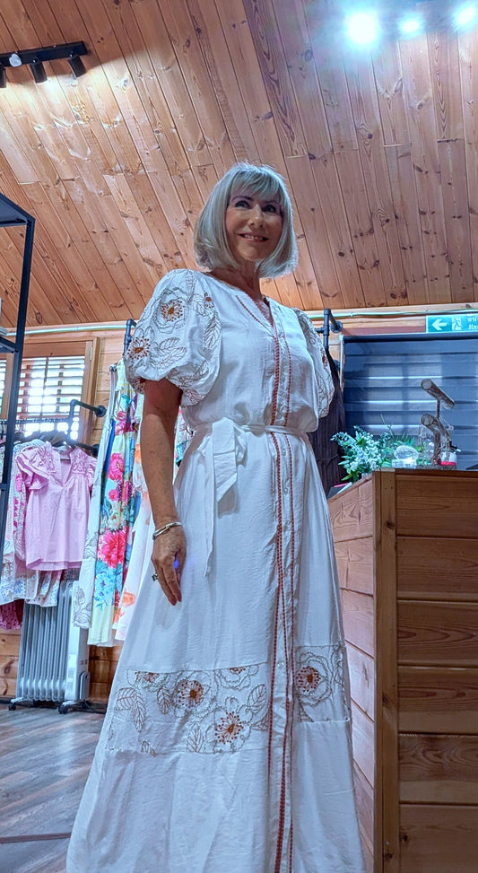 White embroidered maxi dress with waist tie