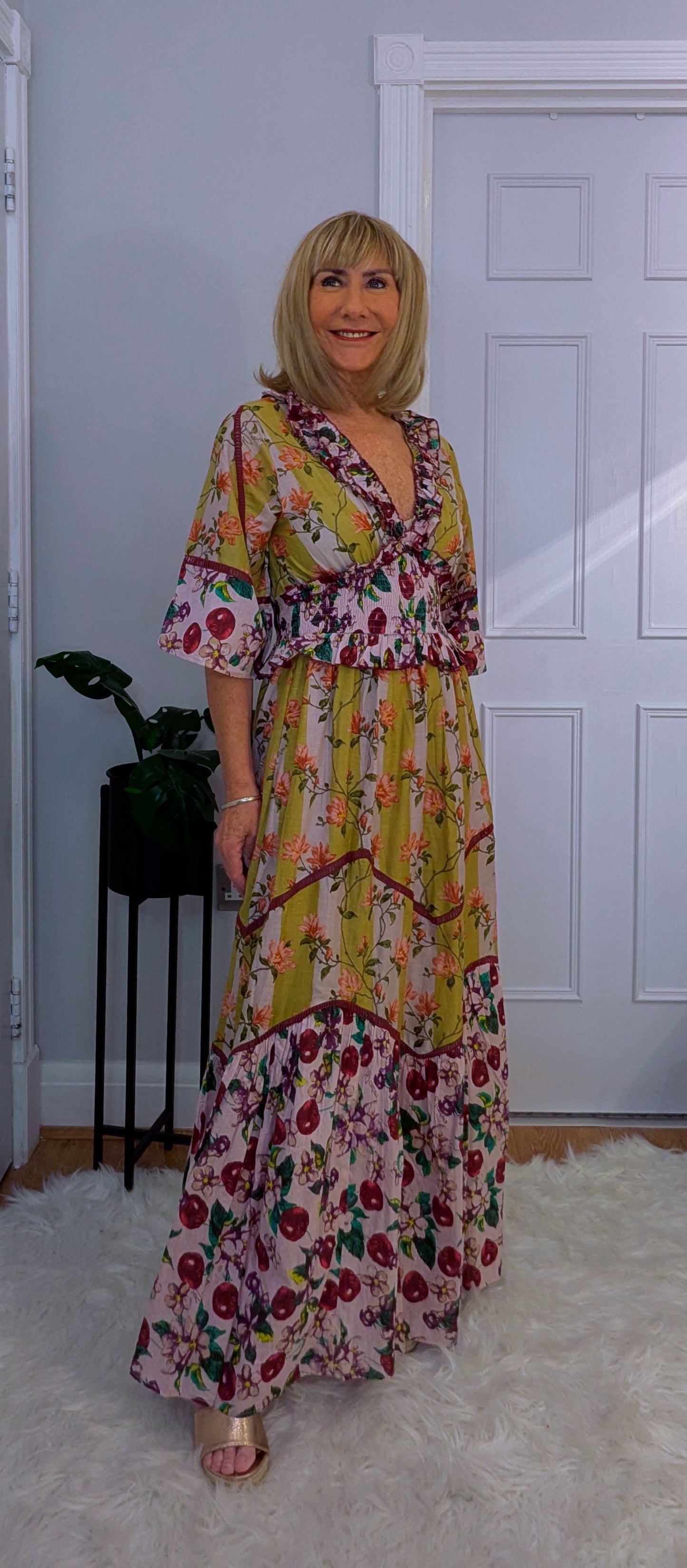 Felicity Bohemian Maxi  Dress in Maroon and Gold Shirred Waist