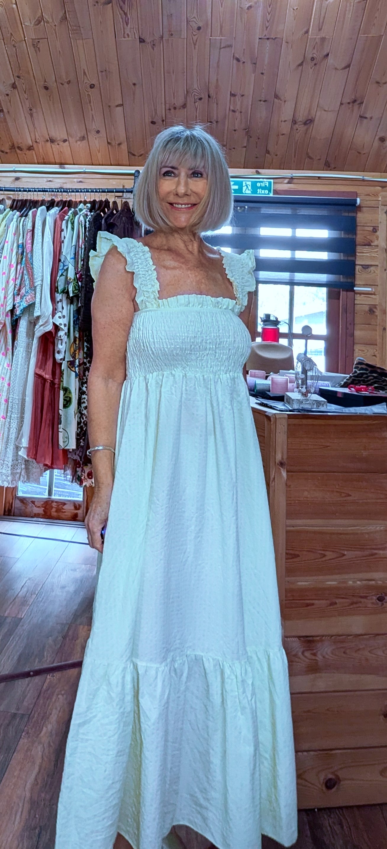 Evelyn yellow  gingham shirred summer dress with straps