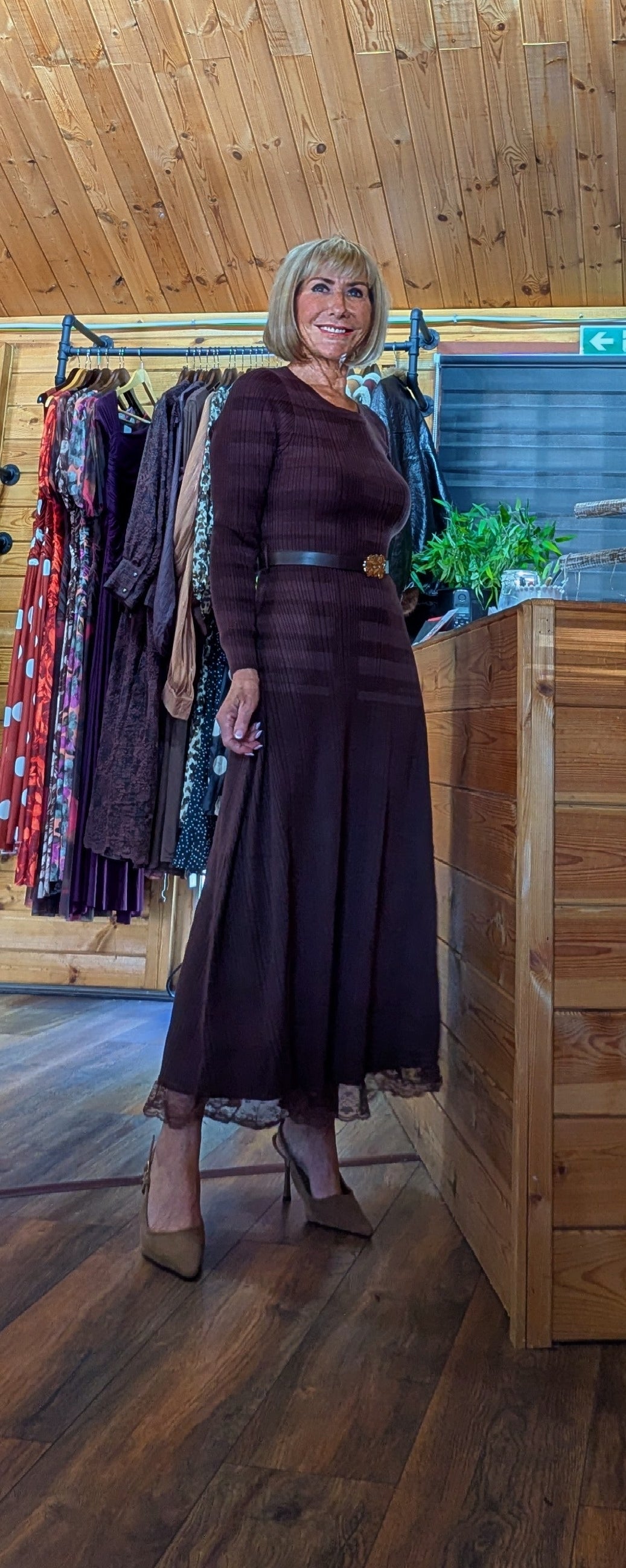 Leonie long sleeve midi dress with flared skirt and waist belt styled by ditsydi