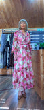 Luna Floral Crepe Maxi Dress in Pink- Green with Frill V-Neck