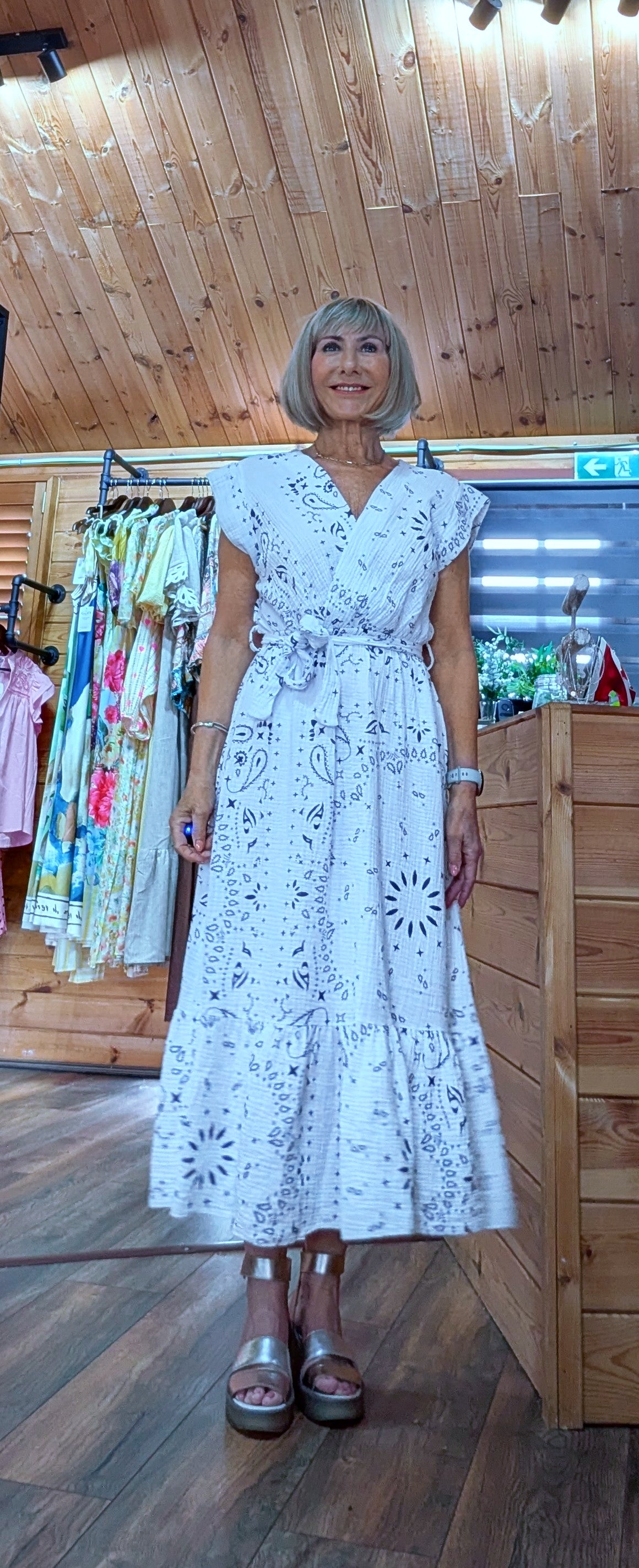 Boutique white summer dress with denim blue print