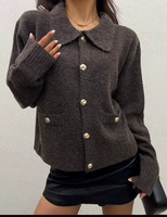 Morna Coffee Knit Cardigan – Gold Buttons & Mock Pockets