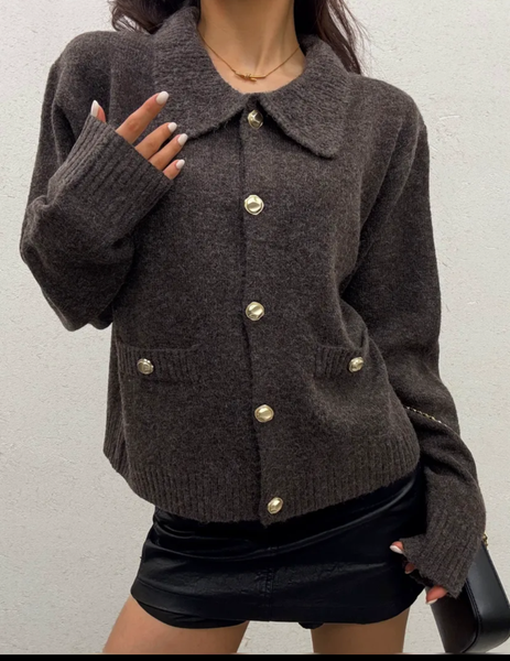 Morna Coffee Knit Cardigan – Gold Buttons & Mock Pockets