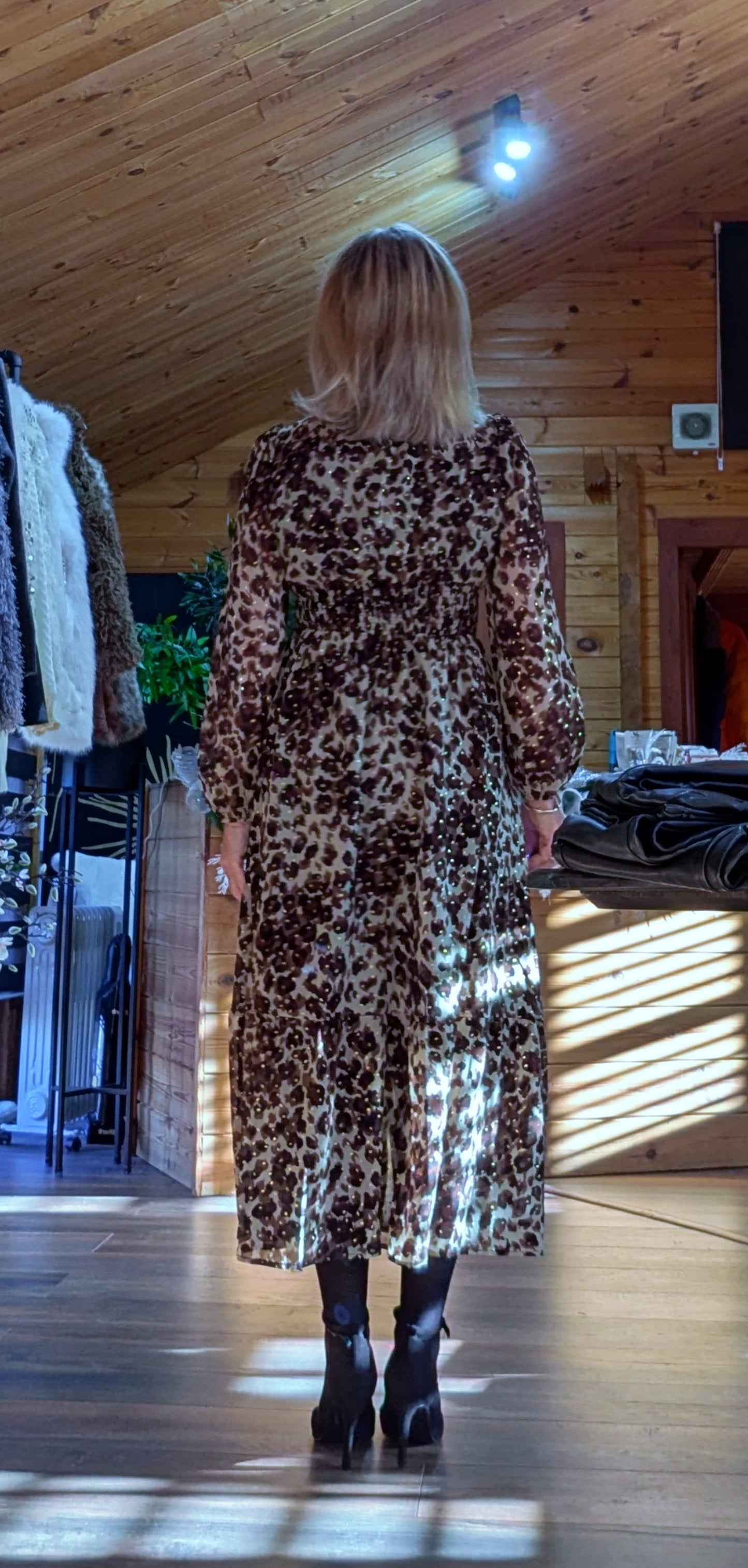 Caterina Leopard Print Dress – Lace Trim -Gold Accents