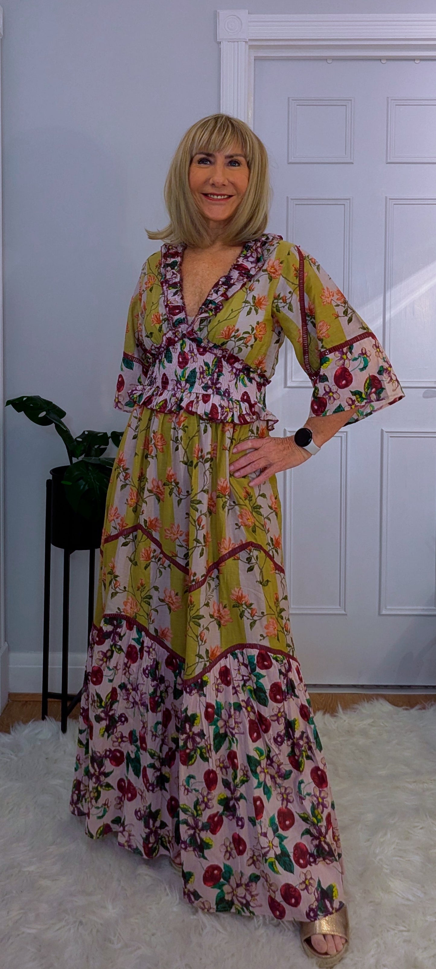 Felicity Bohemian Maxi  Dress in Maroon and Gold Shirred Waist