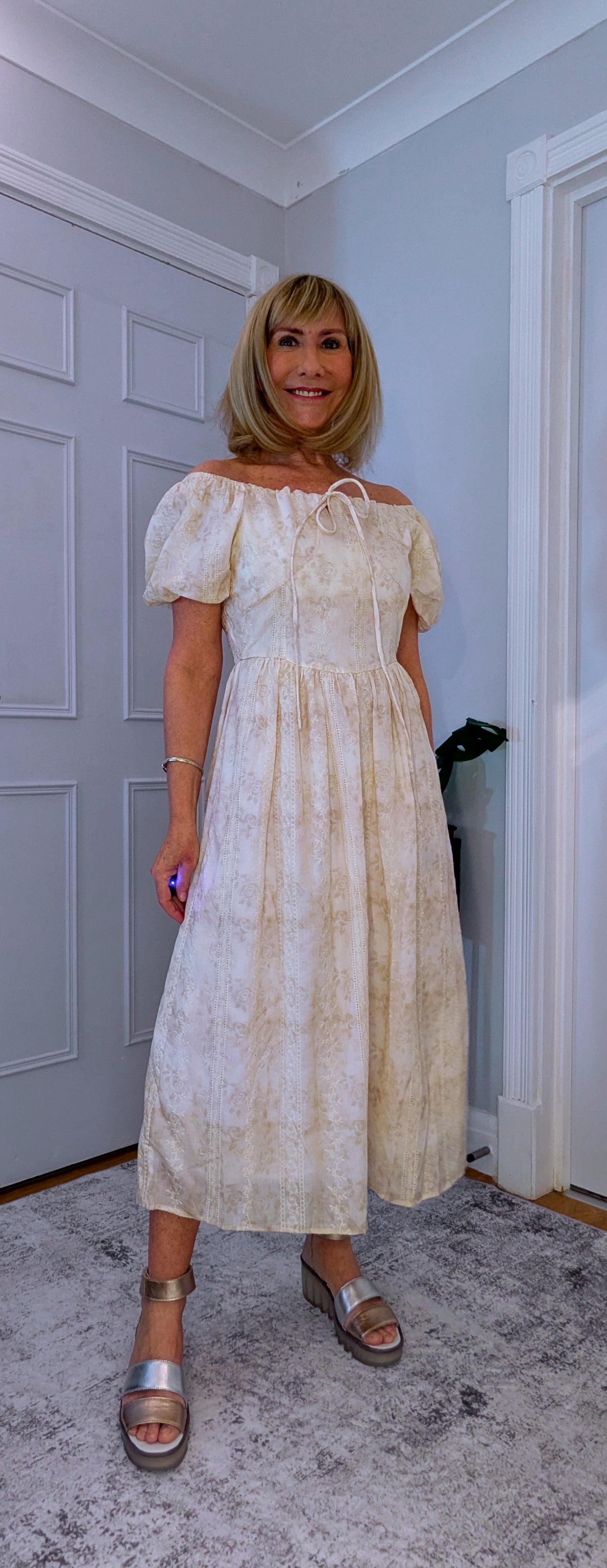 Dorothy Ivory Embroidered Cotton Smock Midi Dress