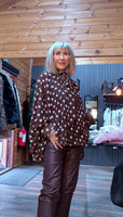 Phoebe Brown & White Polka Dot Blouse – Tie Neck & Balloon Sleeves
