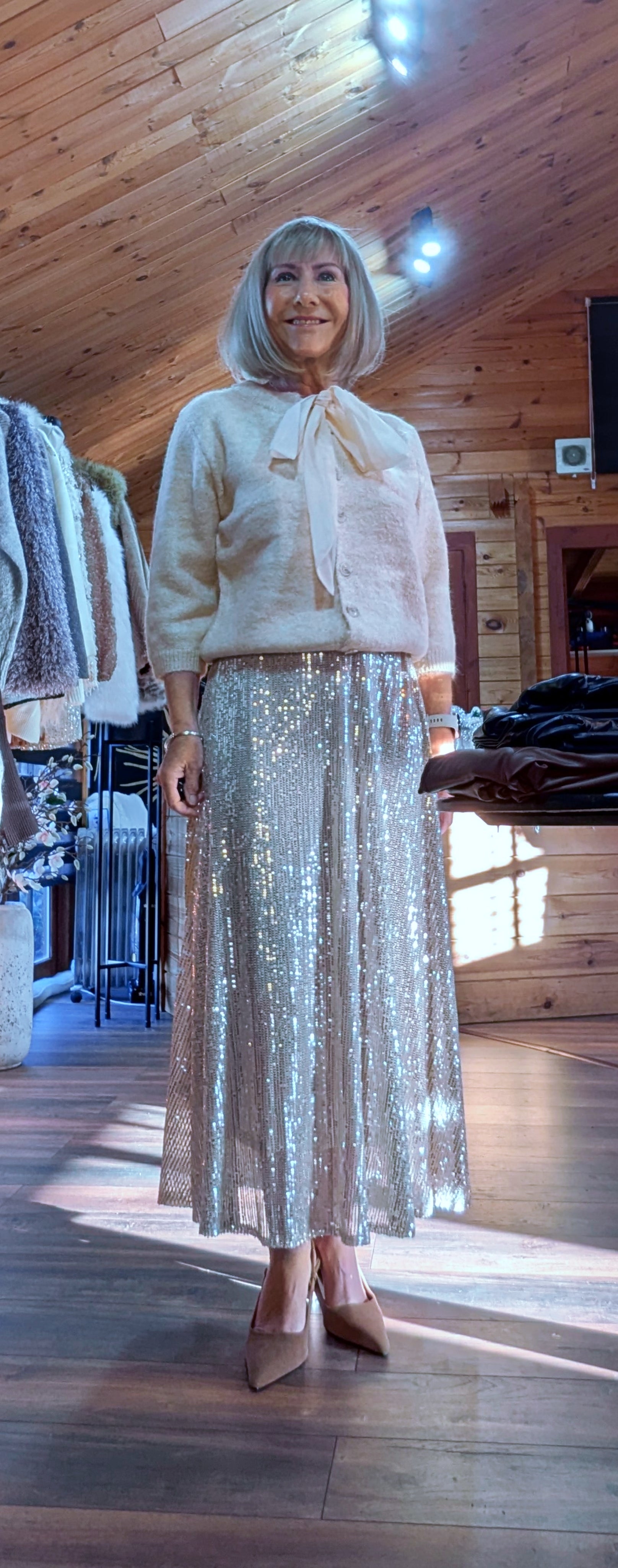 Cher Gold Bias Cut Midi Sequin Skirt