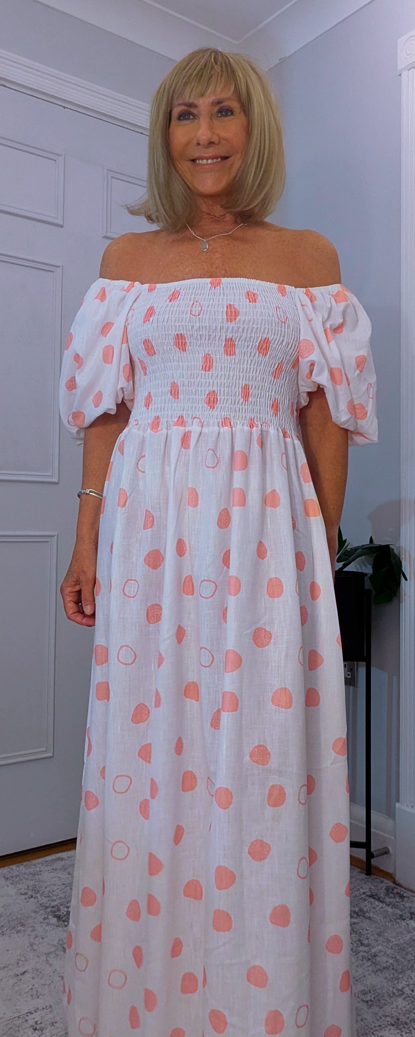 Candy On or Off - Shoulder Puff Sleeve Dress with  Shirred Bust
