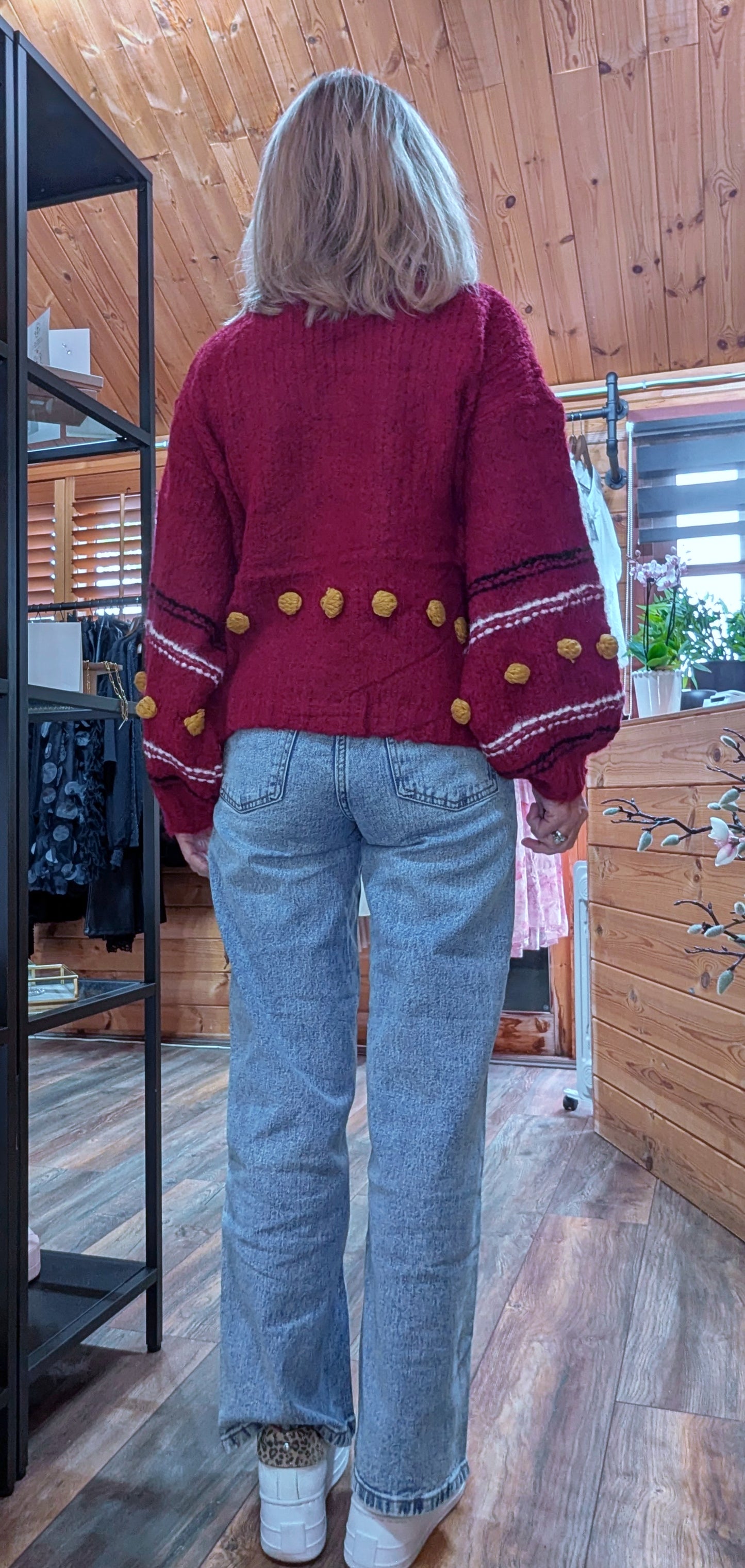 Pansy Chunky Cardigan – Deep Red with Balloon Sleeves- Mustard Bobbles