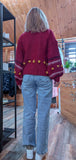 Pansy Chunky Cardigan – Deep Red with Balloon Sleeves & Mustard Bobbles