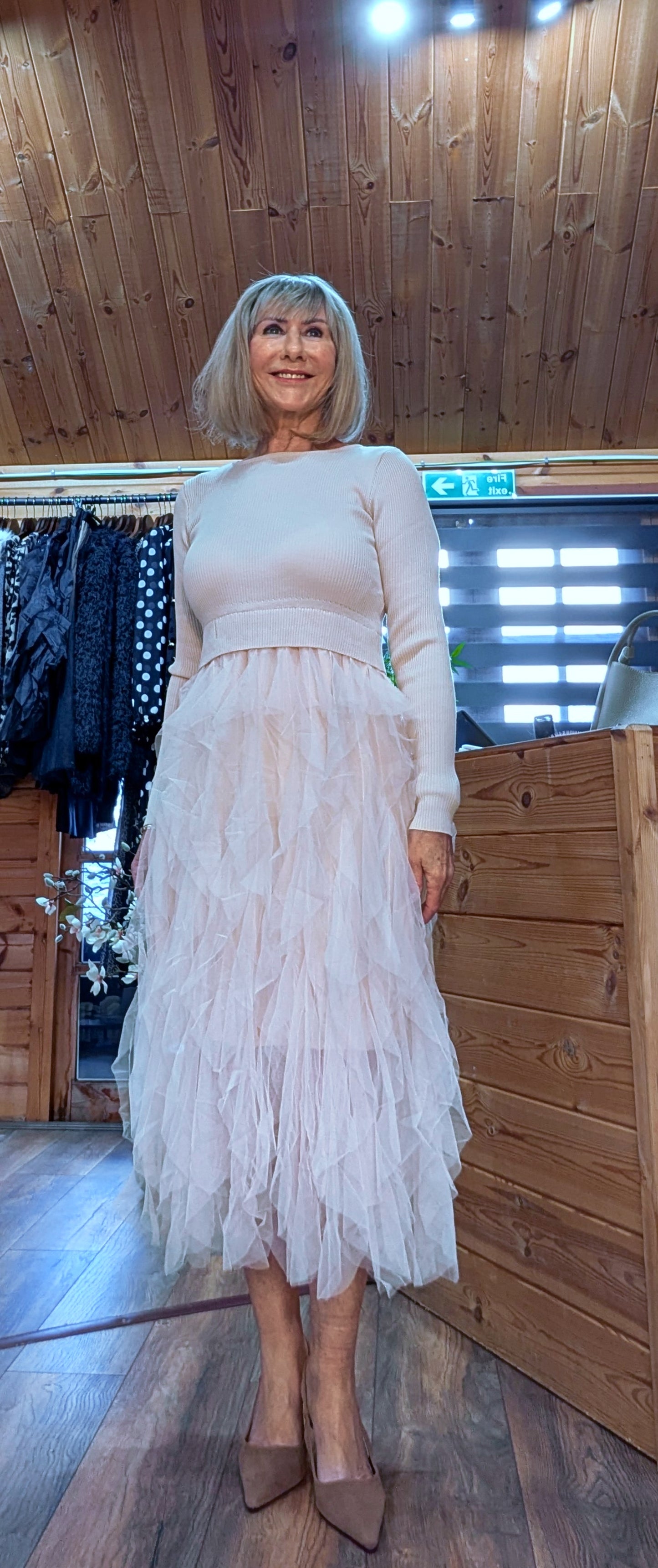 Storm Tulle Dress  with Waterfall Tutu Skirt in Taupe Long sleeves