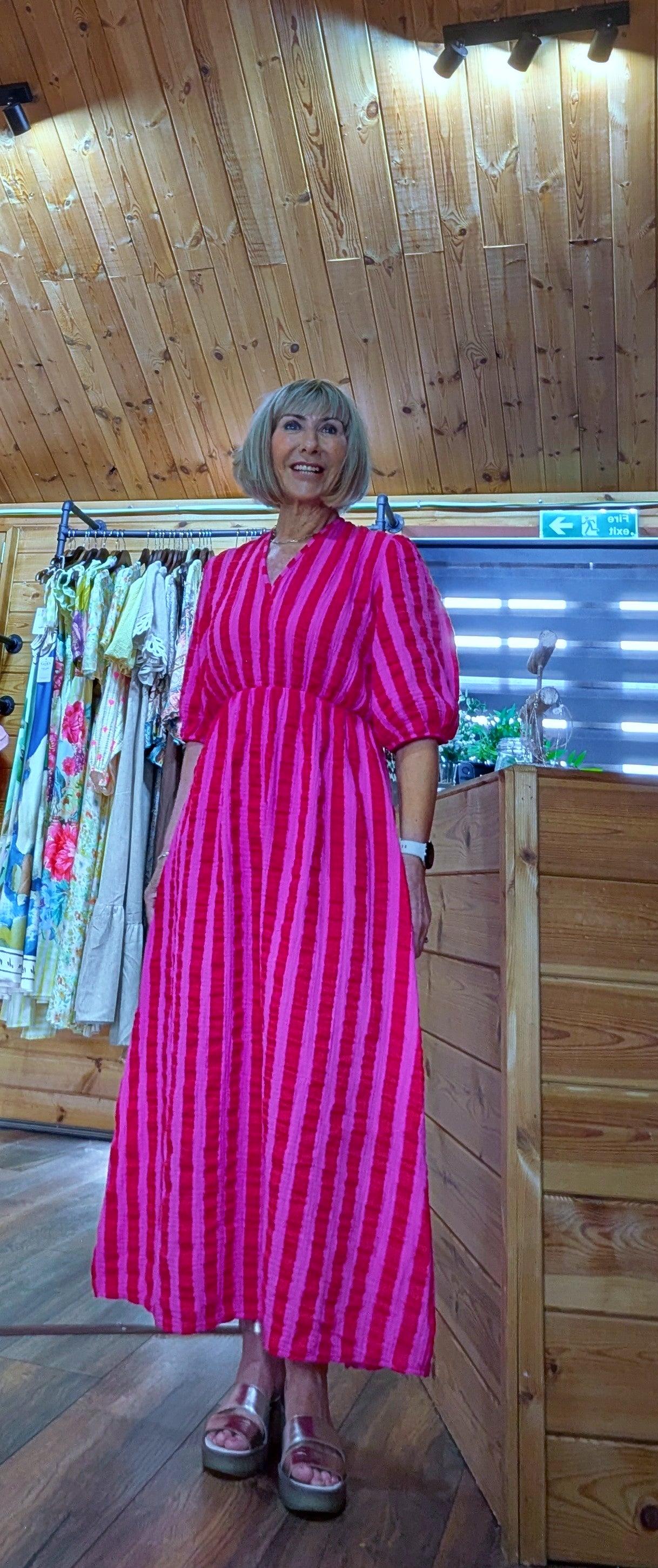 Pink striped bold print sundress