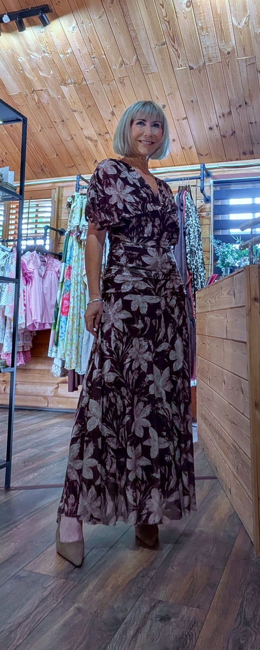 Emilie Floral Drape Maxi Dress –  Occasion Dress in chocolate