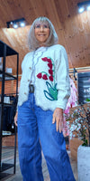 Misty Ivory Cardigan – Grey Piping & Embroidered Floral Detail