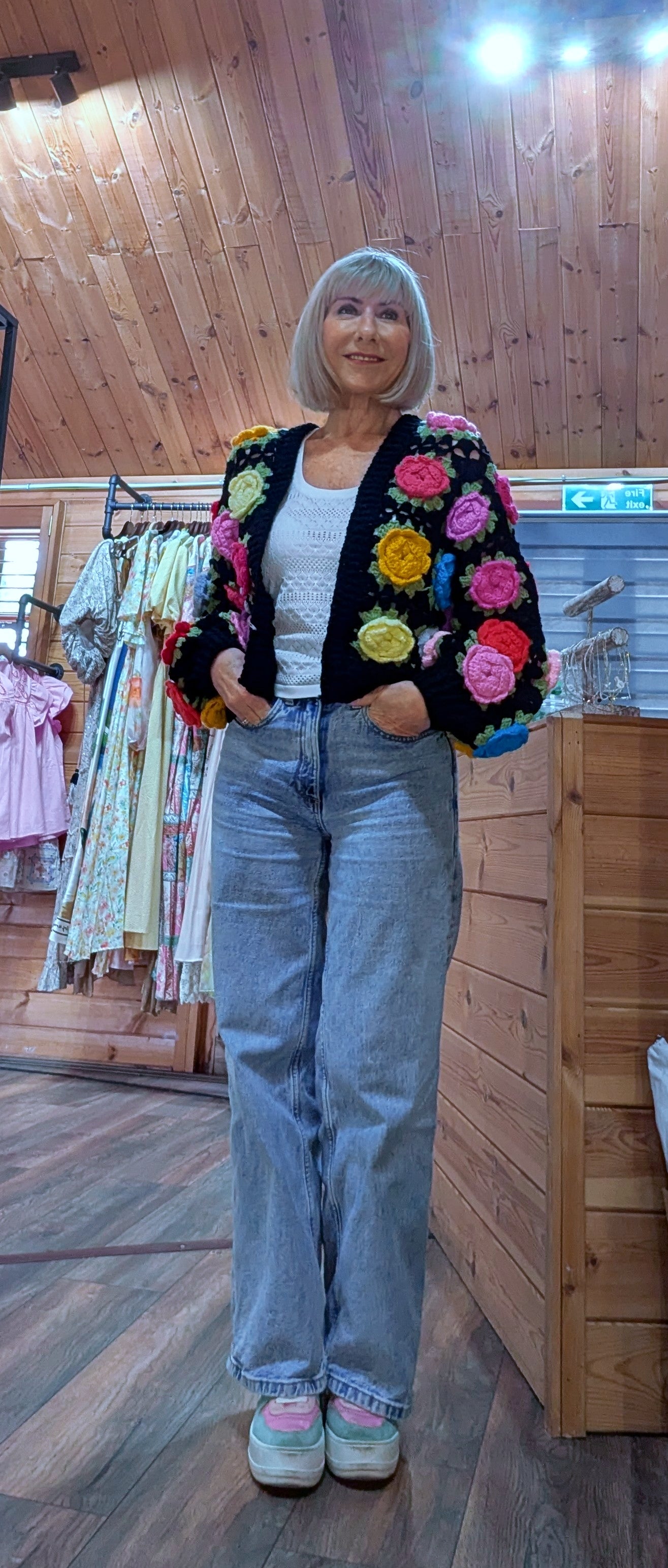 Black crochet flower cardigan for women styled by ditsydi