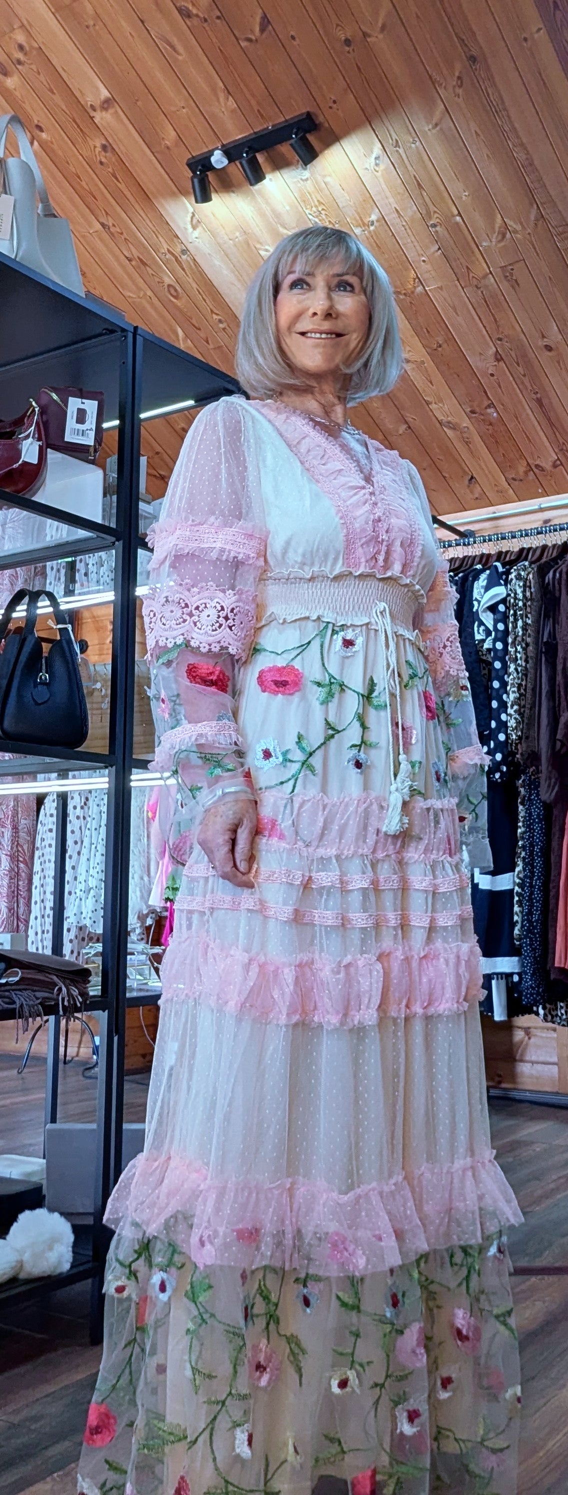 Stella Lace Bohemian Dress With Sheer Long Sleeves and Embroidery