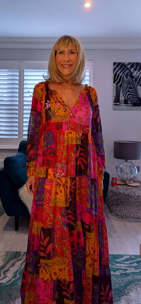Sheridan Printed Maxi Dress – Embroidered, Tiered, Long Sleeve
