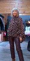 Phoebe Brown & White Polka Dot Blouse – Tie Neck & Balloon Sleeves